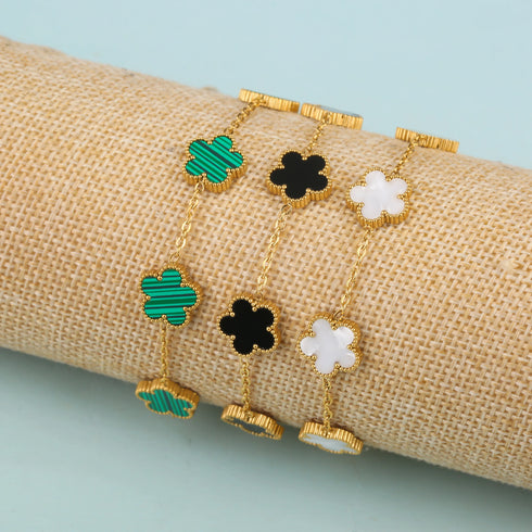 Adjustable Gold-Plated Stainless Steel Plant Flower Bracelet for Women – Trendy Clover Design with Five Leaf Petals, Waterproof & Anti-Allergic Jewelry Gift